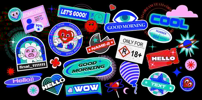 Sticker set in y2k retro style. Vectors pins with smiley faces, text, cartoon comic label patches in bright color. Resource for social media, banners, posters. illustration of 90s graphic design.