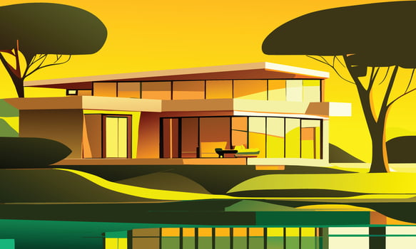 Landscape in green and yellow tones with a modern bungalow on the background of a clear pond. graphics vector