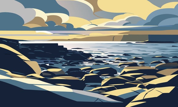 Coastal landscape with rocky shore, illustration. vector