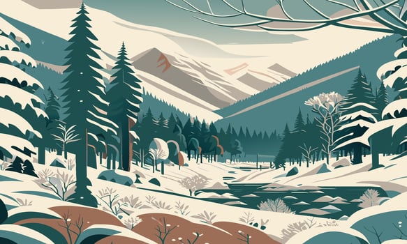 Winter forest and mountains in the background, illustration. vector