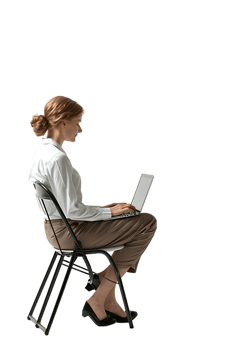 woman sitting on a chair and using a laptop, isolated against a transparent background png
