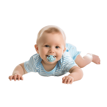 smiling baby lying on the floor with a pacifier in its mouth png