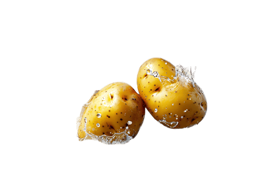 Two flying potatoes with water splash, isolated against a transparent background png