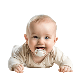smiling baby lying on the floor with a pacifier in its mouth png