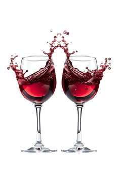 Two red wine glasses toasting with splash, isolated on transparent background png