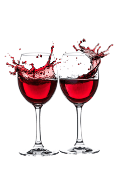 Two red wine glasses toasting with splash, isolated on transparent background png