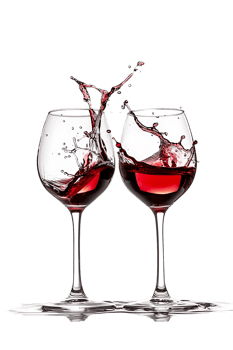 Two red wine glasses toasting with splash, isolated on transparent background png