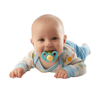 smiling baby lying on the floor with a pacifier in its mouth png