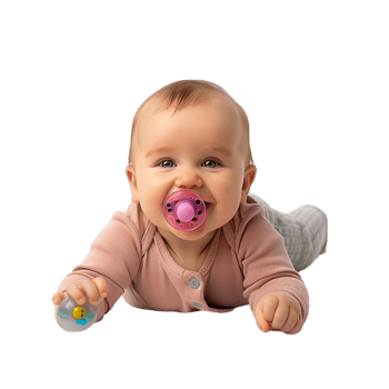 smiling baby lying on the floor with a pacifier in its mouth png