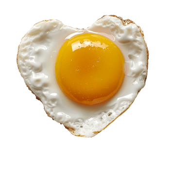 sunny side up egg shaped like a heart, isolated against a transparent background png
