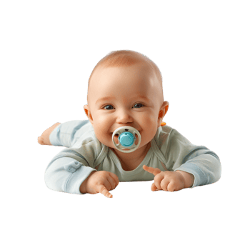 smiling baby lying on the floor with a pacifier in its mouth png