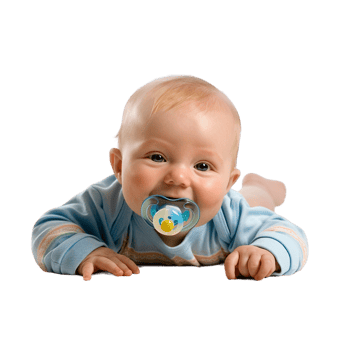 smiling baby lying on the floor with a pacifier in its mouth png