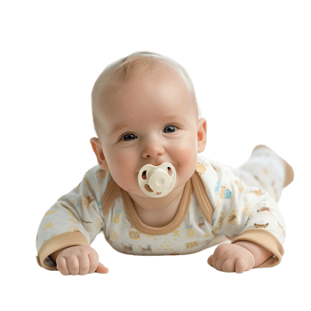 smiling baby lying on the floor with a pacifier in its mouth png