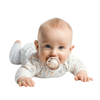 smiling baby lying on the floor with a pacifier in its mouth png