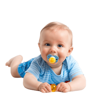smiling baby lying on the floor with a pacifier in its mouth png