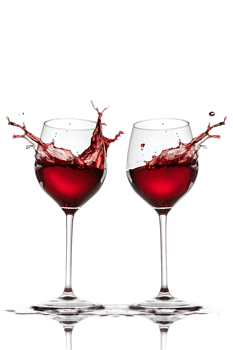 Two red wine glasses toasting with splash, isolated on transparent background png