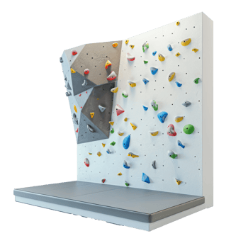 Empty indoor artificial climbing wall with colorful holds and grips png