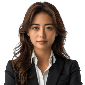 A woman with long brown hair and a white shirt is wearing a black suit. She has a serious expression on her face png