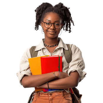 A young woman with glasses and a ponytail is holding a stack of books png