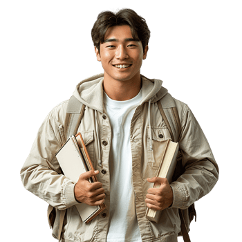 Asian young man college student is smiling and holding a backpack and several books png