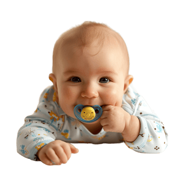 smiling baby lying on the floor with a pacifier in its mouth png