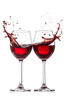 Two red wine glasses toasting with splash, isolated on transparent background png