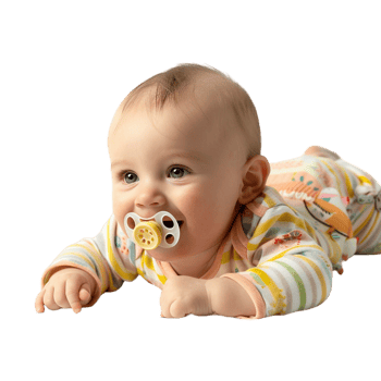smiling baby lying on the floor with a pacifier in its mouth png