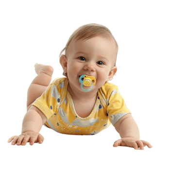 smiling baby lying on the floor with a pacifier in its mouth png