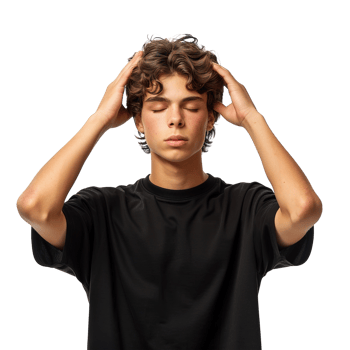 A young man with curly hair is wearing a black shirt and is holding his head. He is in a relaxed state, possibly meditating or taking a break from a stressful situation png