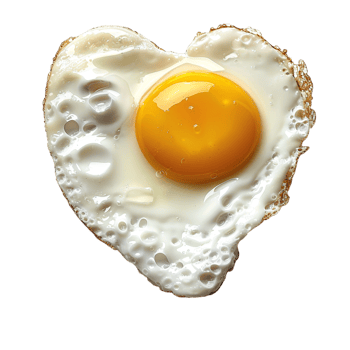 sunny side up egg shaped like a heart, isolated against a transparent background png