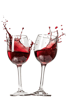 Two red wine glasses toasting with splash, isolated on transparent background png