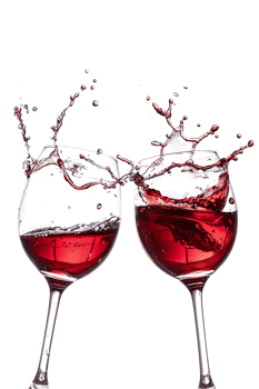 Two red wine glasses toasting with splash, isolated on transparent background png
