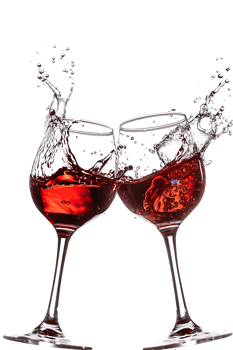 Two red wine glasses toasting with splash, isolated on transparent background png