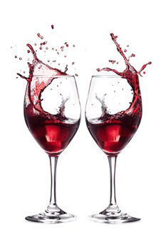 Two red wine glasses toasting with splash, isolated on transparent background png