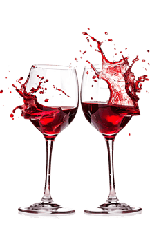 Two red wine glasses toasting with splash, isolated on transparent background png