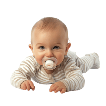 smiling baby lying on the floor with a pacifier in its mouth png