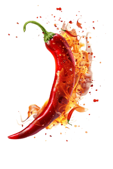 Red hot chili pepper with a splash of fire, isolated against a transparent background png