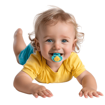 smiling baby lying on the floor with a pacifier in its mouth png