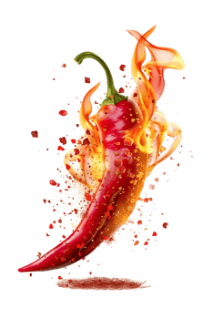 Red hot chili pepper with a splash of fire, isolated against a transparent background png