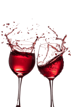Two red wine glasses toasting with splash, isolated on transparent background png