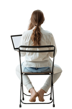 woman sitting on a chair and using a laptop, isolated against a transparent background png