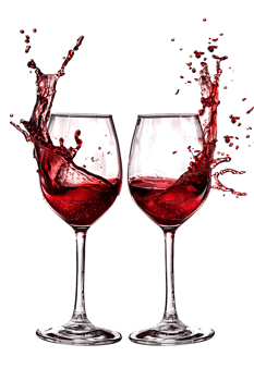 Two red wine glasses toasting with splash, isolated on transparent background png