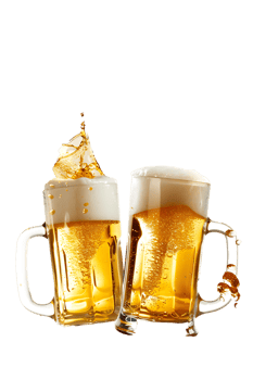 Two beer mugs clinking with splashing cheers, isolated on transparent background png
