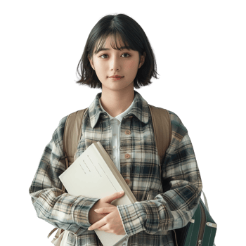 Japanese young woman wearing a plaid jacket and holding a book png