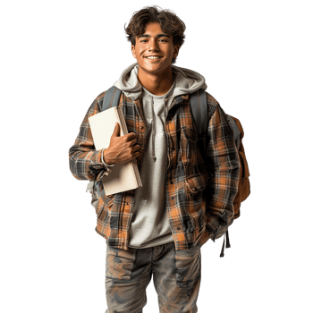 A young man wearing a plaid jacket and jeans is smiling and holding a book and a backpack png