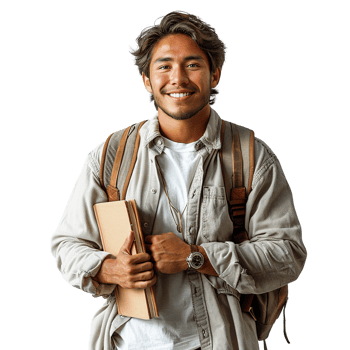 A young man is smiling and holding a backpack and a book png