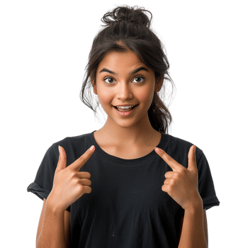 A young woman with a black shirt and ponytail is pointing at her mouth. She has a big smile on her face, and her teeth are visible. Concept of happiness and positivity png