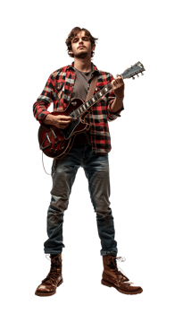 Rock musician performing with electric guitar in casual outfit, transparent background png