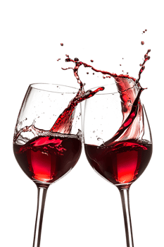 Two red wine glasses toasting with splash, isolated on transparent background png