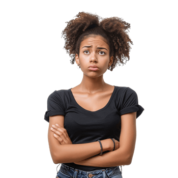 A woman with curly hair is standing with her arms crossed and looking down. She is upset or angry png